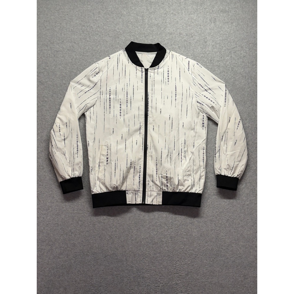 Travel Around The World Binary Matrix Print Bomber Jacket White Black Mens L